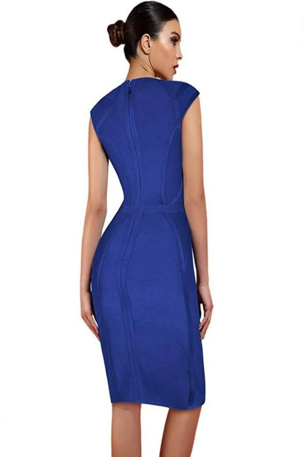 Loren Runway Elegant Short Sleeve Striped Bandage Dress - Royal Blue