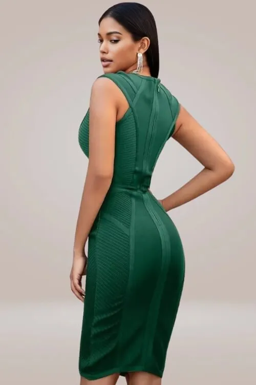 Loren Runway Elegant Short Sleeve Striped Green Bandage Bodycon Dress