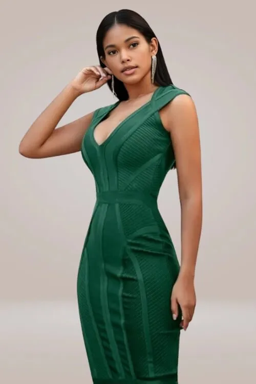 Loren Runway Elegant Short Sleeve Striped Green Bandage Bodycon Dress