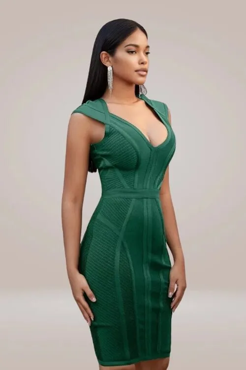Loren Runway Elegant Short Sleeve Striped Green Bandage Bodycon Dress