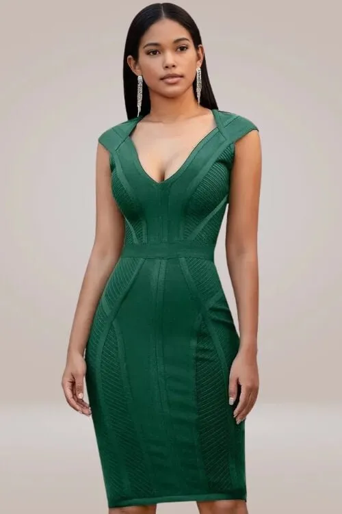 Loren Runway Elegant Short Sleeve Striped Green Bandage Bodycon Dress