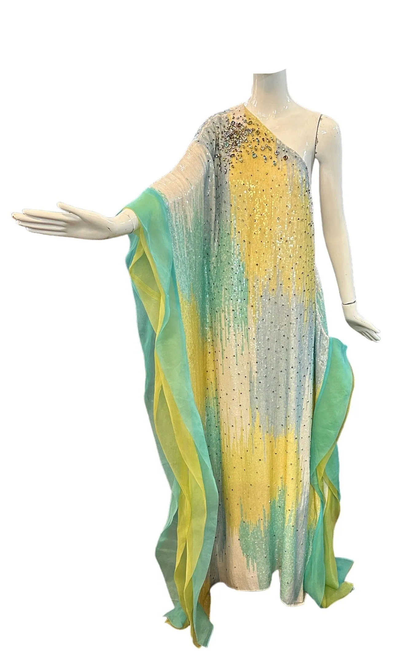 Lorena Sarbu Pastel Multi-Colored Heavily Embellished Sequin One Shoulder Evening Caftan