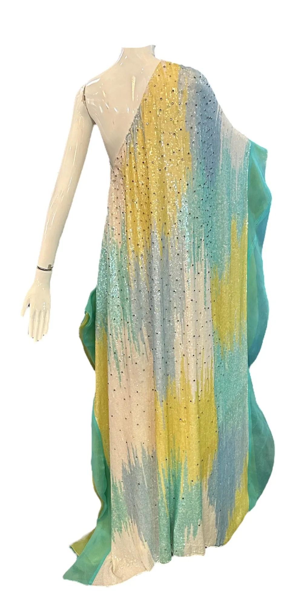 Lorena Sarbu Pastel Multi-Colored Heavily Embellished Sequin One Shoulder Evening Caftan