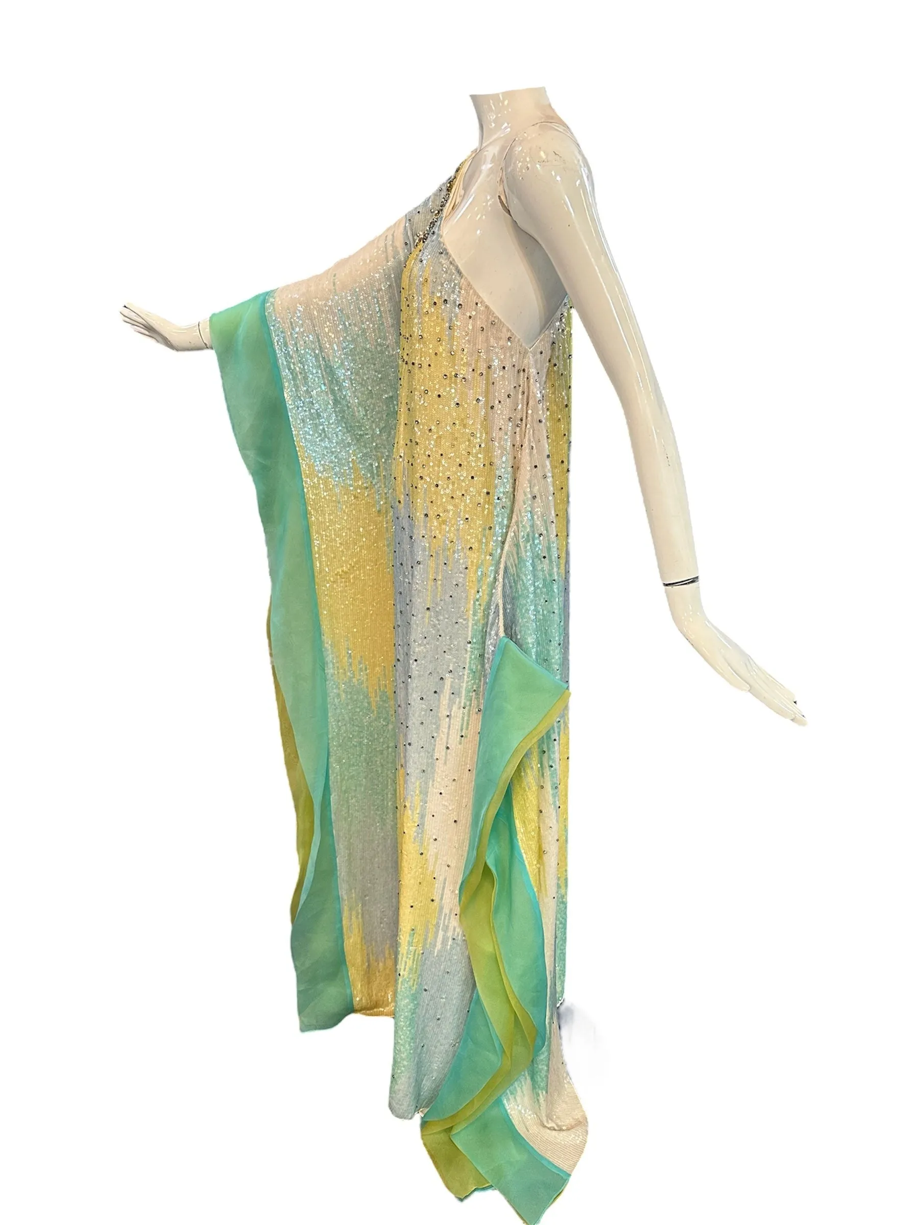 Lorena Sarbu Pastel Multi-Colored Heavily Embellished Sequin One Shoulder Evening Caftan