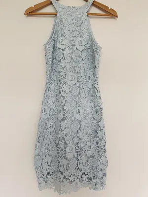 LULUS Love Poem Light Blue Dress Sz XS Lace Mini Cocktail Sheath Crochet Overlay