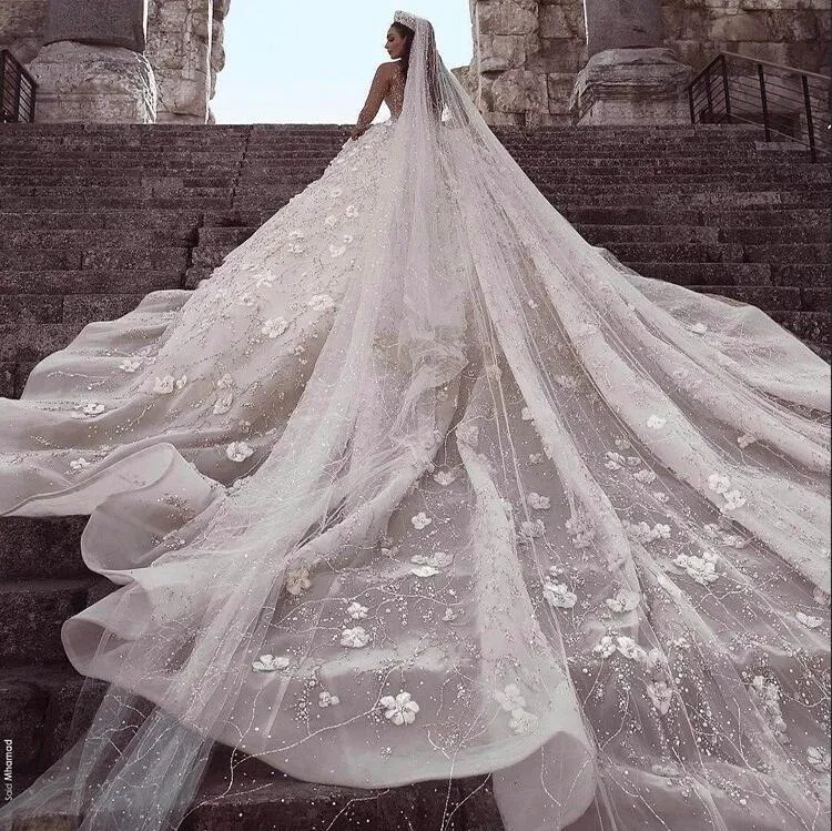 Luxury Court Wedding Dress Beaded Flowers Rhinestones Long Train
