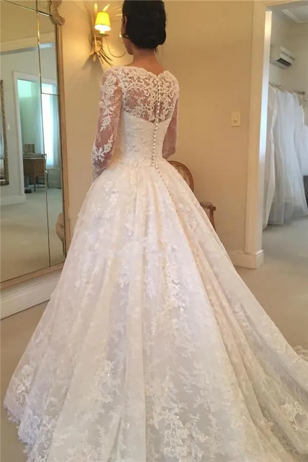Luxury Lace And Tulle Illusion Sleeve Ball Gown Princess Wedding Dress-715712