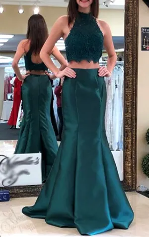 MACloth Mermaid High Neck Lace Satin Long Prom Dress Teal Formal Evening Gown