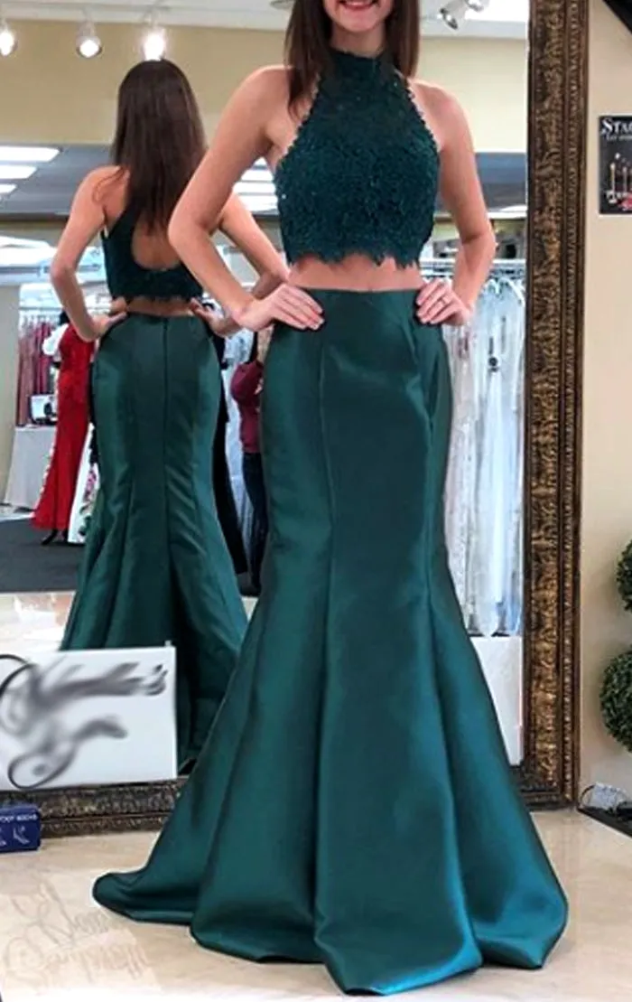 MACloth Mermaid High Neck Lace Satin Long Prom Dress Teal Formal Evening Gown