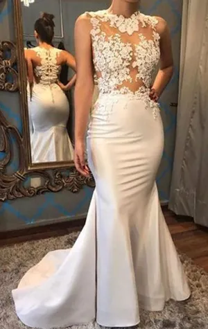MACloth Mermaid Illusion Lace Long Prom Dress Ivory Formal Evening Gown
