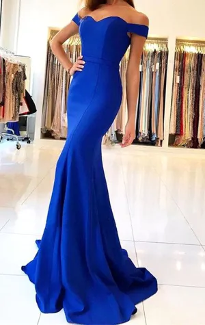 MACloth Off the Shoulder Mermaid Jersey Prom Gown Royal Blue Formal Evening Gown 10631