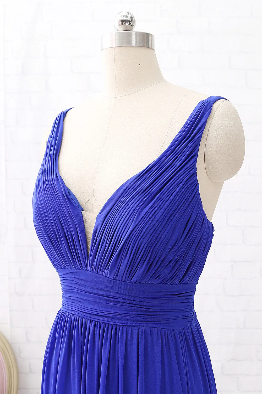MACloth Straps Deep V neck Jersey Maxi Prom Dress Royal Blue Formal Evening Gown