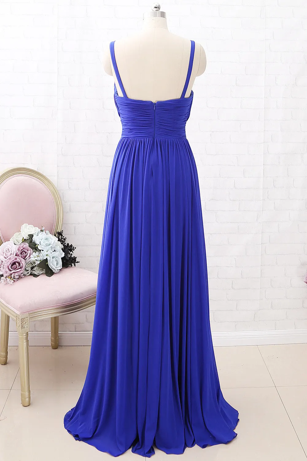 MACloth Straps Deep V neck Jersey Maxi Prom Dress Royal Blue Formal Evening Gown