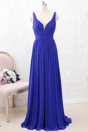 MACloth Straps Deep V neck Jersey Maxi Prom Dress Royal Blue Formal Evening Gown