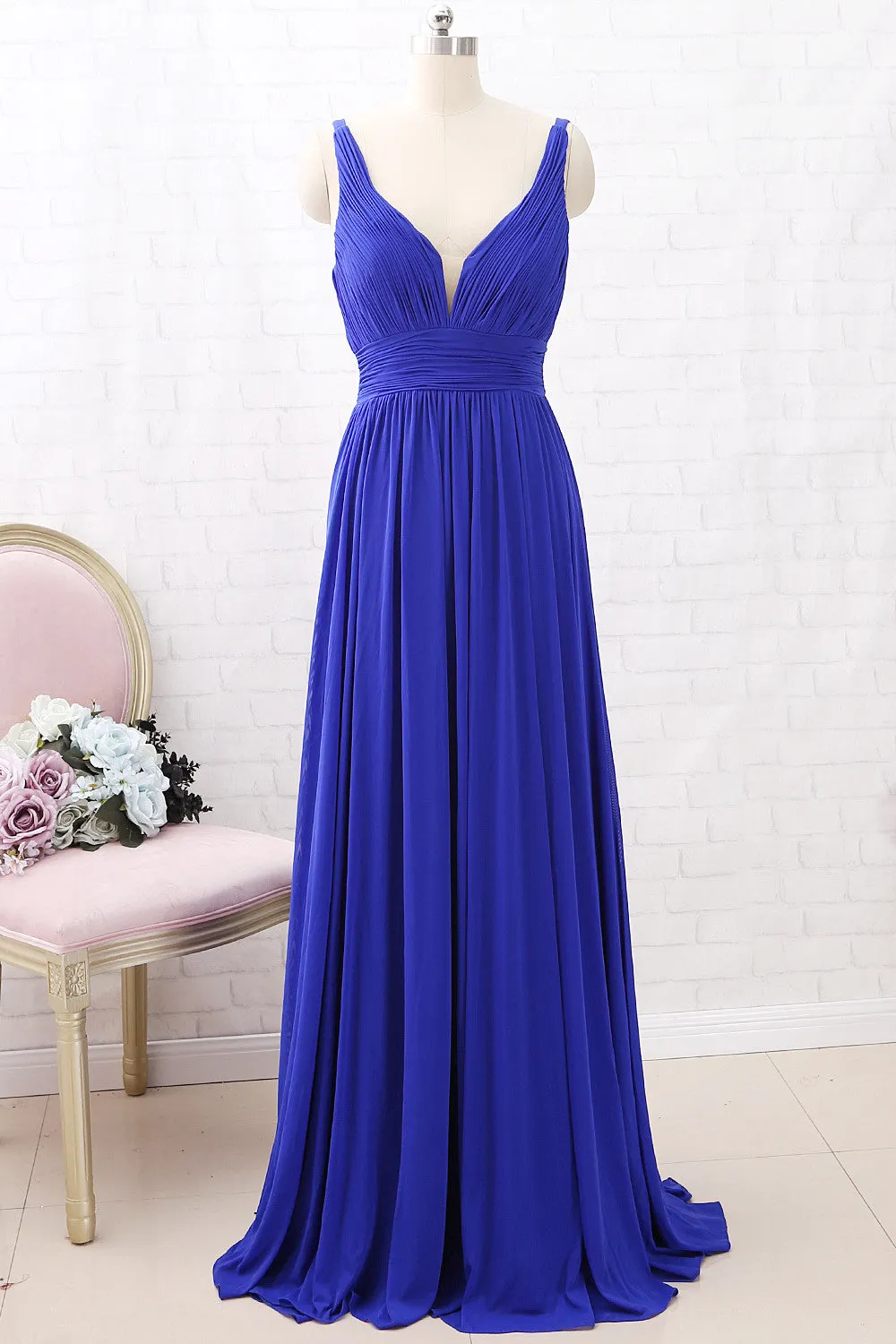MACloth Straps Deep V neck Jersey Maxi Prom Dress Royal Blue Formal Evening Gown