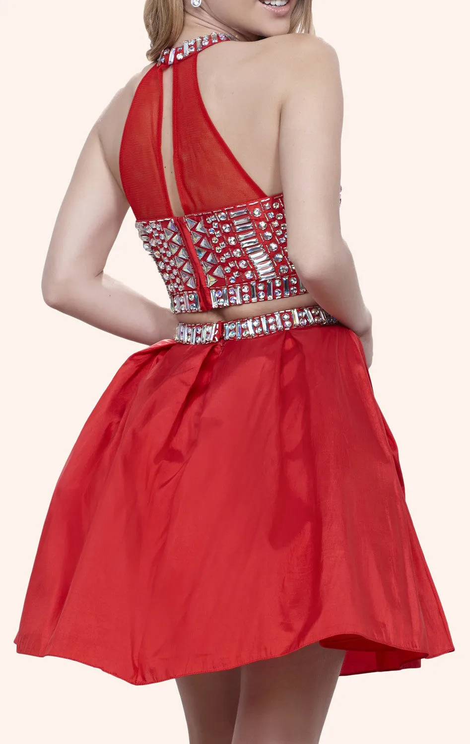 MACloth Two Piece High Neck Crystals Taffeta Mini Prom Homecoming Dress