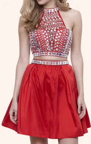 MACloth Two Piece High Neck Crystals Taffeta Mini Prom Homecoming Dress
