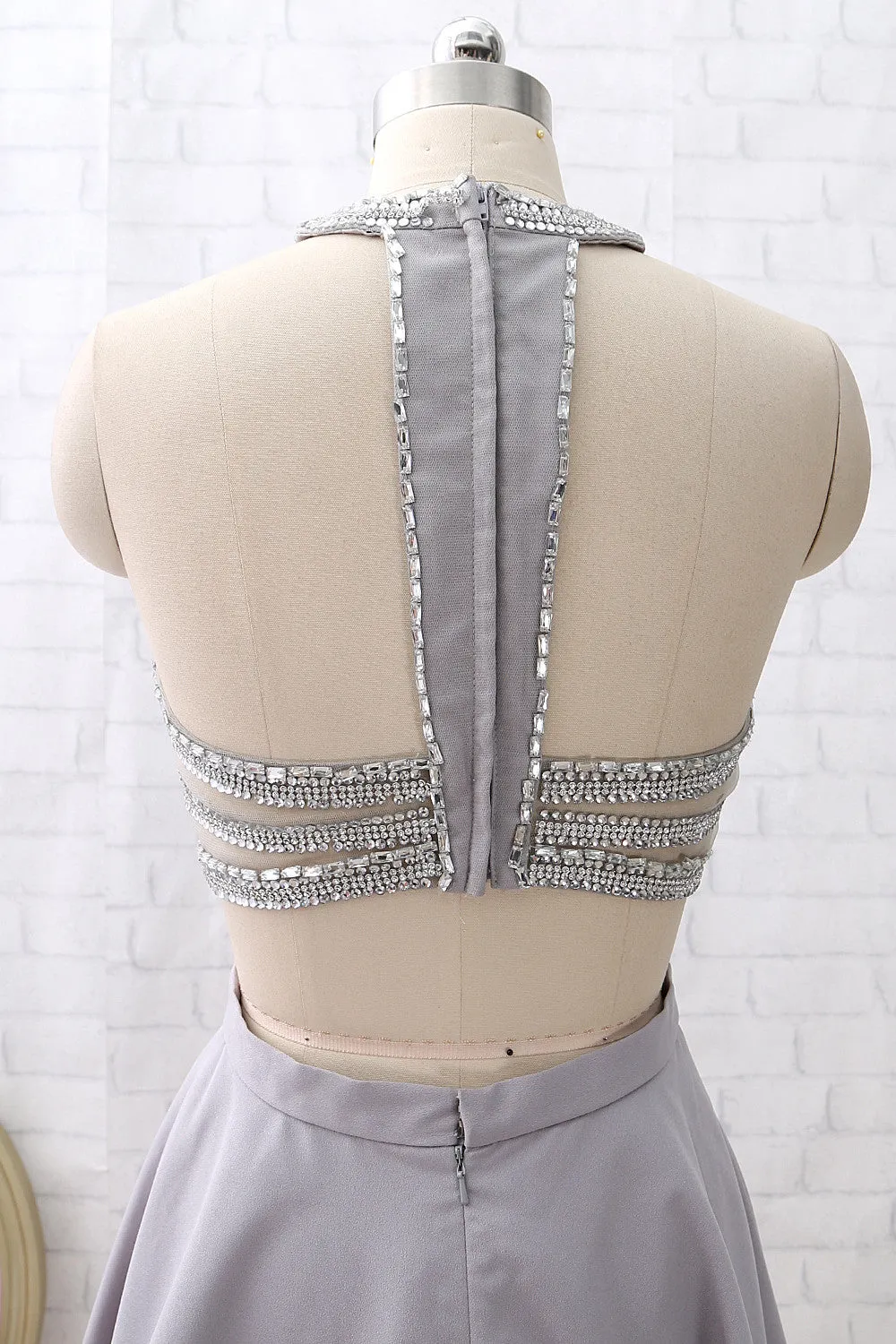 MACloth Two Piece Short Silver Mini Prom Homecoming Dress Wedding Party Dress