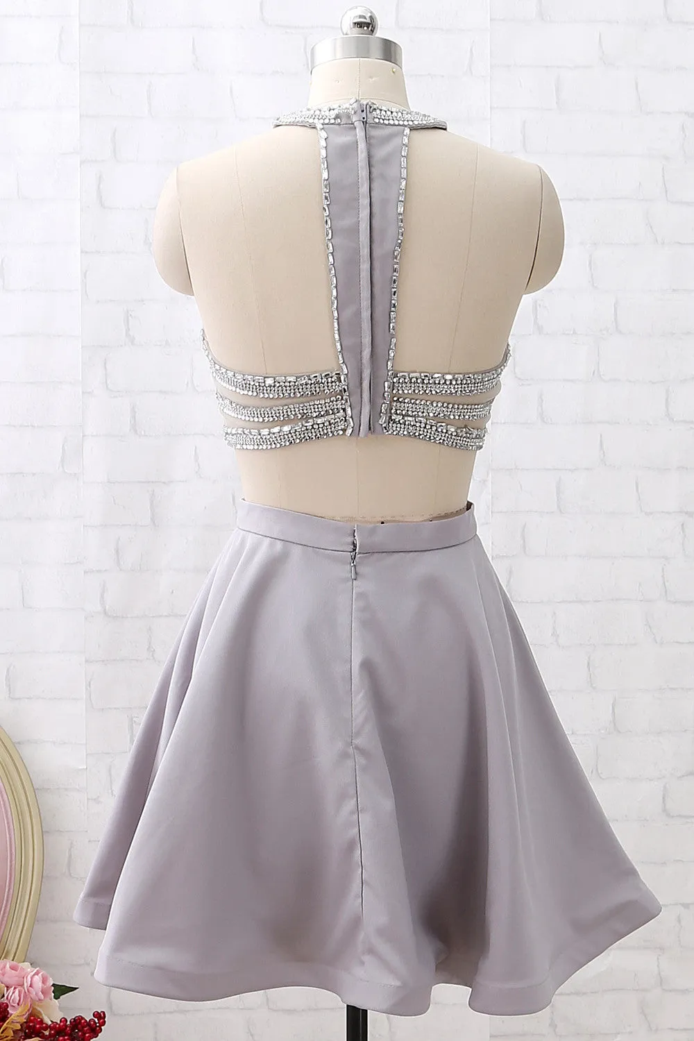 MACloth Two Piece Short Silver Mini Prom Homecoming Dress Wedding Party Dress