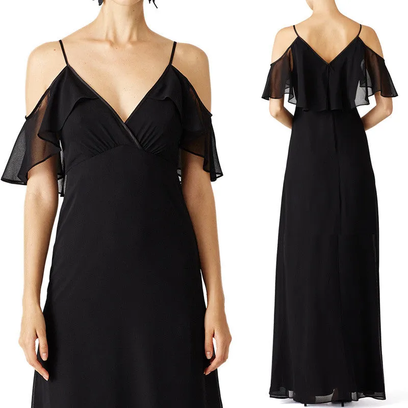 MACloth V Neck Off the Shoulder Chiffon Long Simple Prom Dress Black Formal Gown