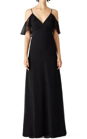 MACloth V Neck Off the Shoulder Chiffon Long Simple Prom Dress Black Formal Gown