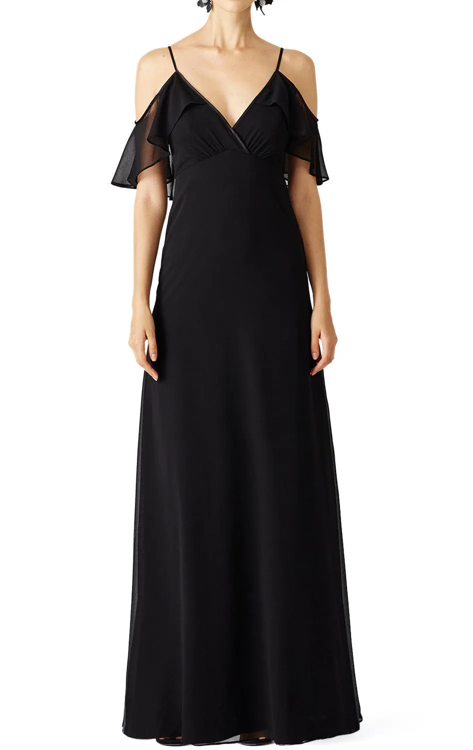 MACloth V Neck Off the Shoulder Chiffon Long Simple Prom Dress Black Formal Gown