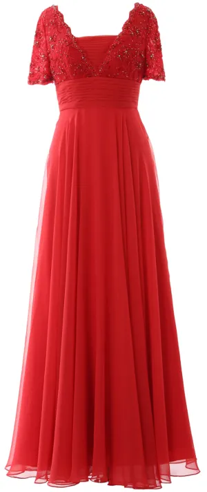 MACloth Women Lace Formal Evening Gown Short Sleeves Mother of The Bride Dress
