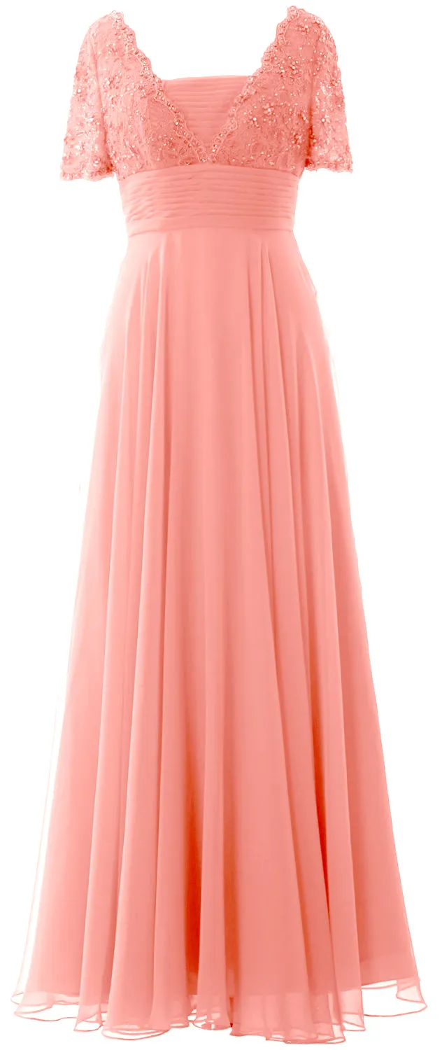 MACloth Women Lace Formal Evening Gown Short Sleeves Mother of The Bride Dress