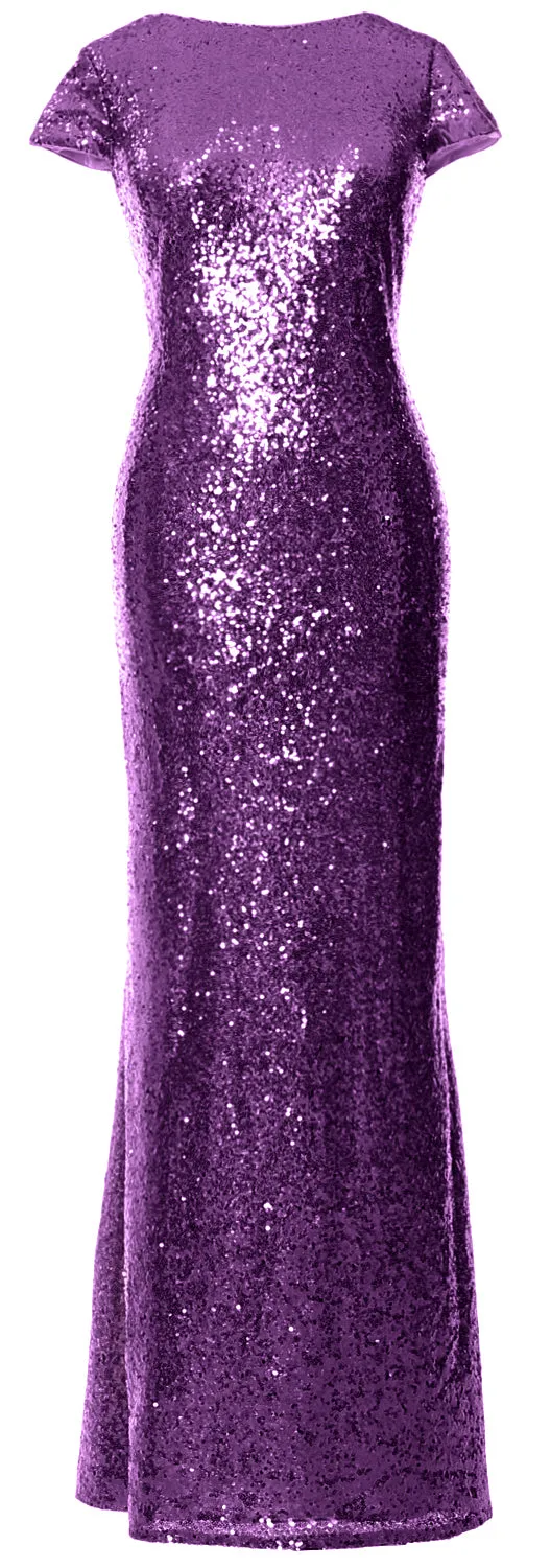 MACloth Women Maxi Sequin Bridesmaid Dresses Cap Sleeves Wedding Open Back