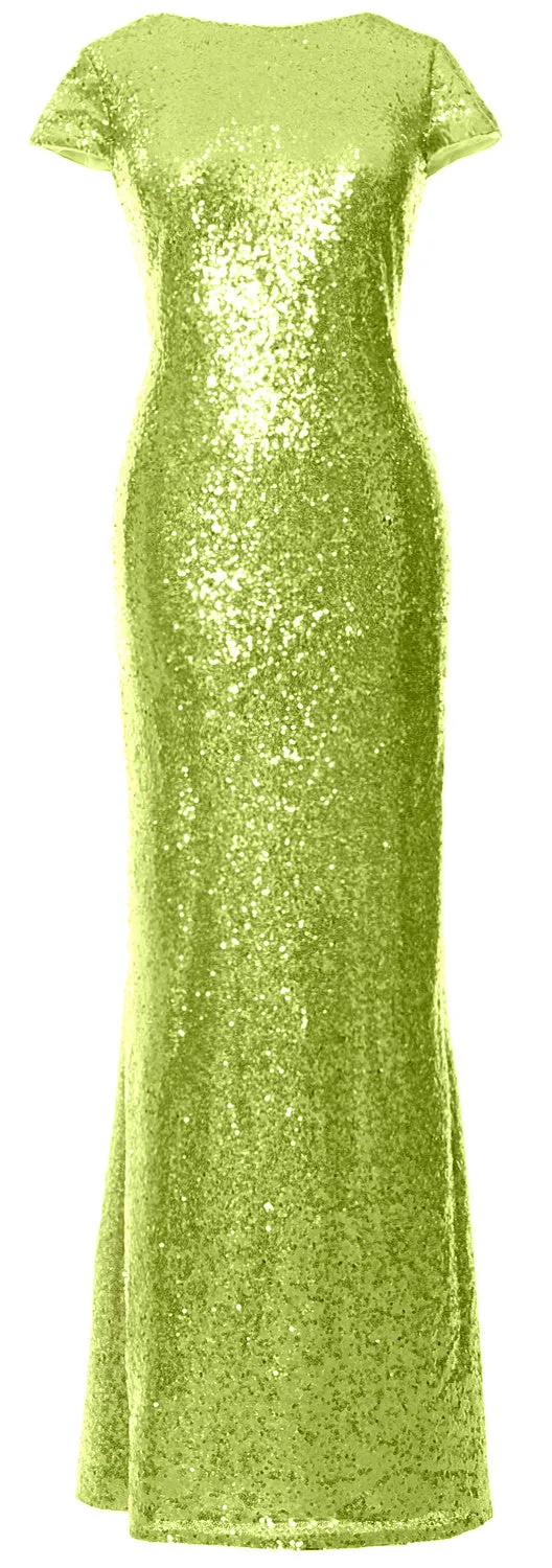 MACloth Women Maxi Sequin Bridesmaid Dresses Cap Sleeves Wedding Open Back