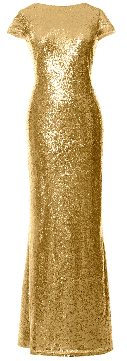 MACloth Women Maxi Sequin Bridesmaid Dresses Cap Sleeves Wedding Open Back