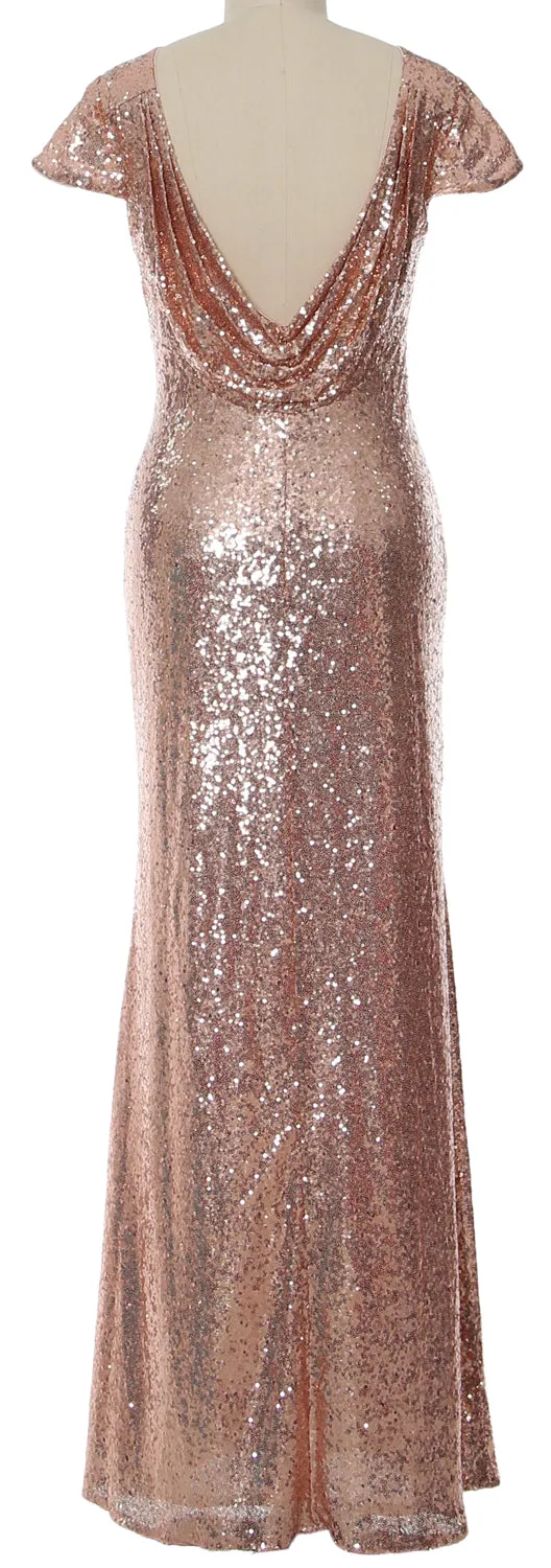 MACloth Women Maxi Sequin Bridesmaid Dresses Cap Sleeves Wedding Open Back
