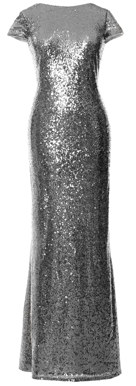 MACloth Women Maxi Sequin Bridesmaid Dresses Cap Sleeves Wedding Open Back