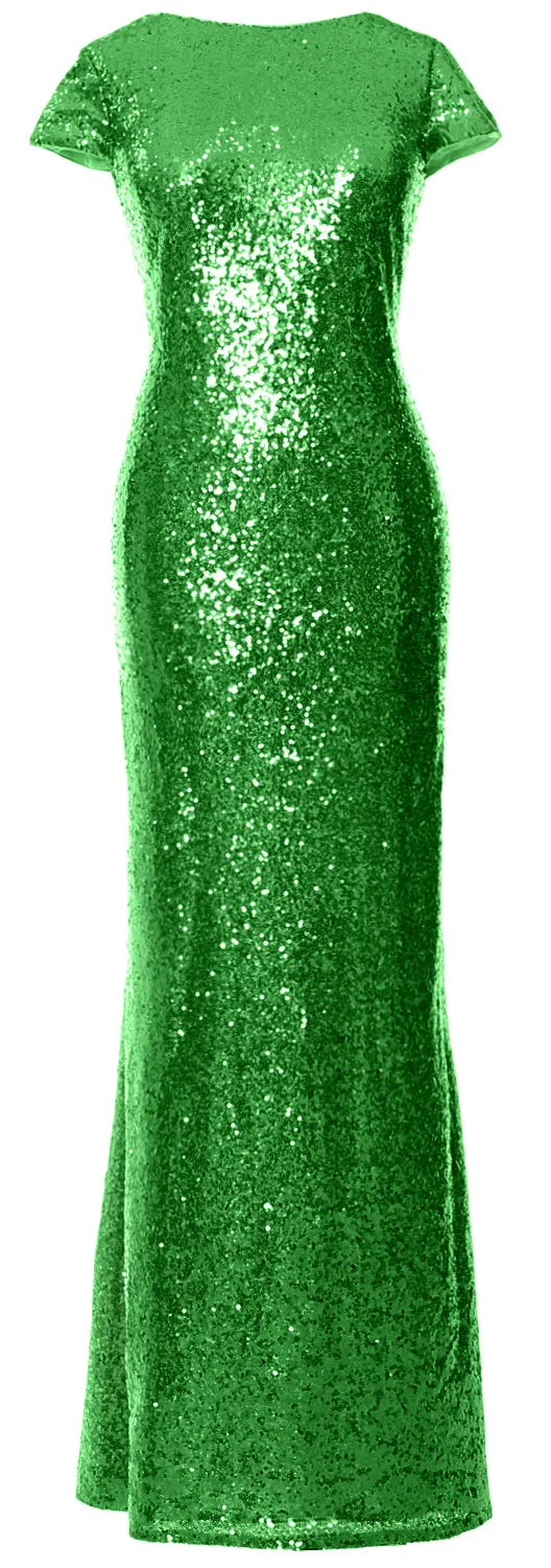 MACloth Women Maxi Sequin Bridesmaid Dresses Cap Sleeves Wedding Open Back