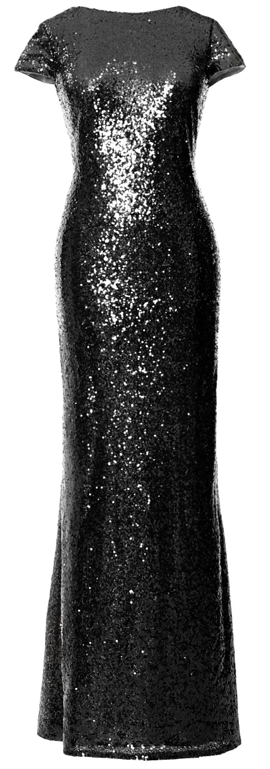 MACloth Women Maxi Sequin Bridesmaid Dresses Cap Sleeves Wedding Open Back