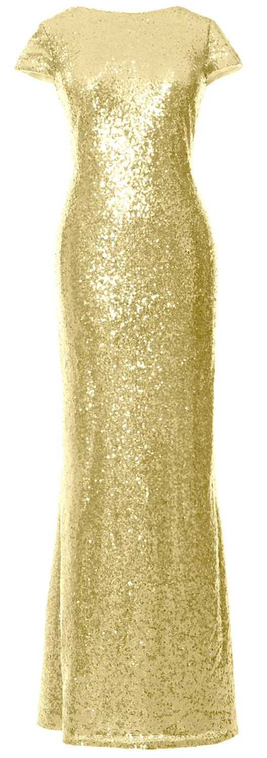 MACloth Women Maxi Sequin Bridesmaid Dresses Cap Sleeves Wedding Open Back