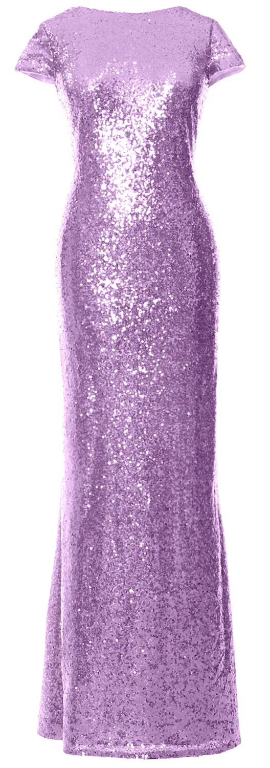 MACloth Women Maxi Sequin Bridesmaid Dresses Cap Sleeves Wedding Open Back