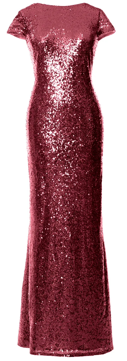 MACloth Women Maxi Sequin Bridesmaid Dresses Cap Sleeves Wedding Open Back