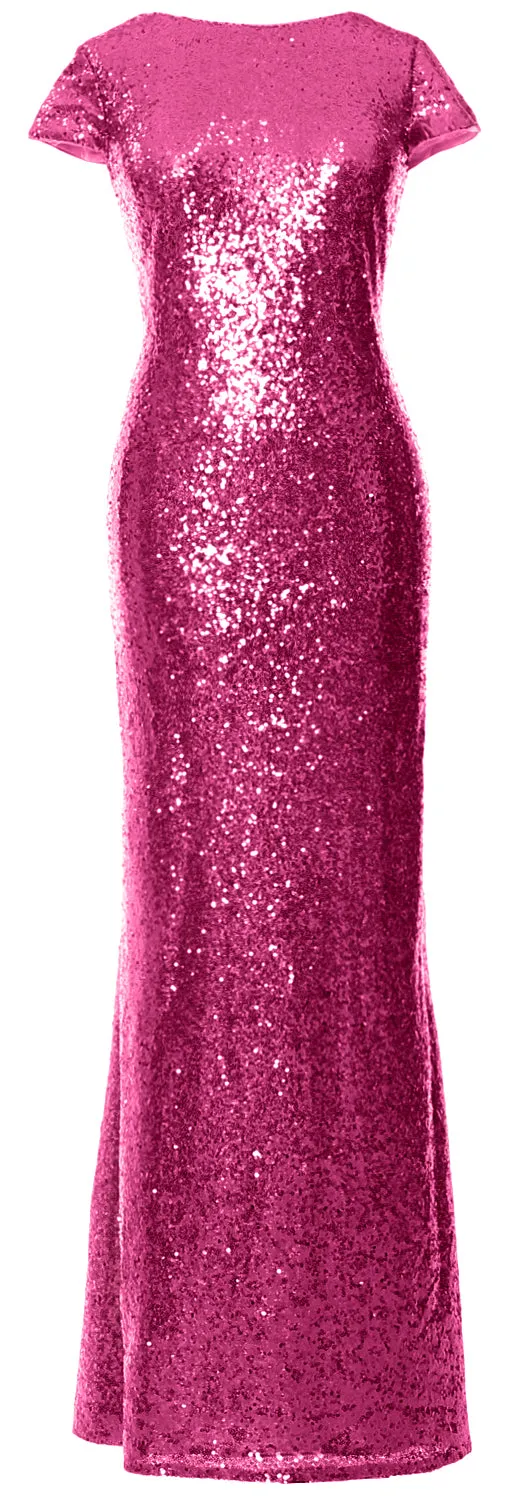 MACloth Women Maxi Sequin Bridesmaid Dresses Cap Sleeves Wedding Open Back