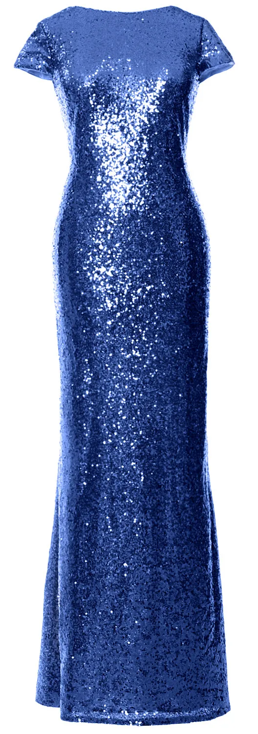 MACloth Women Maxi Sequin Bridesmaid Dresses Cap Sleeves Wedding Open Back