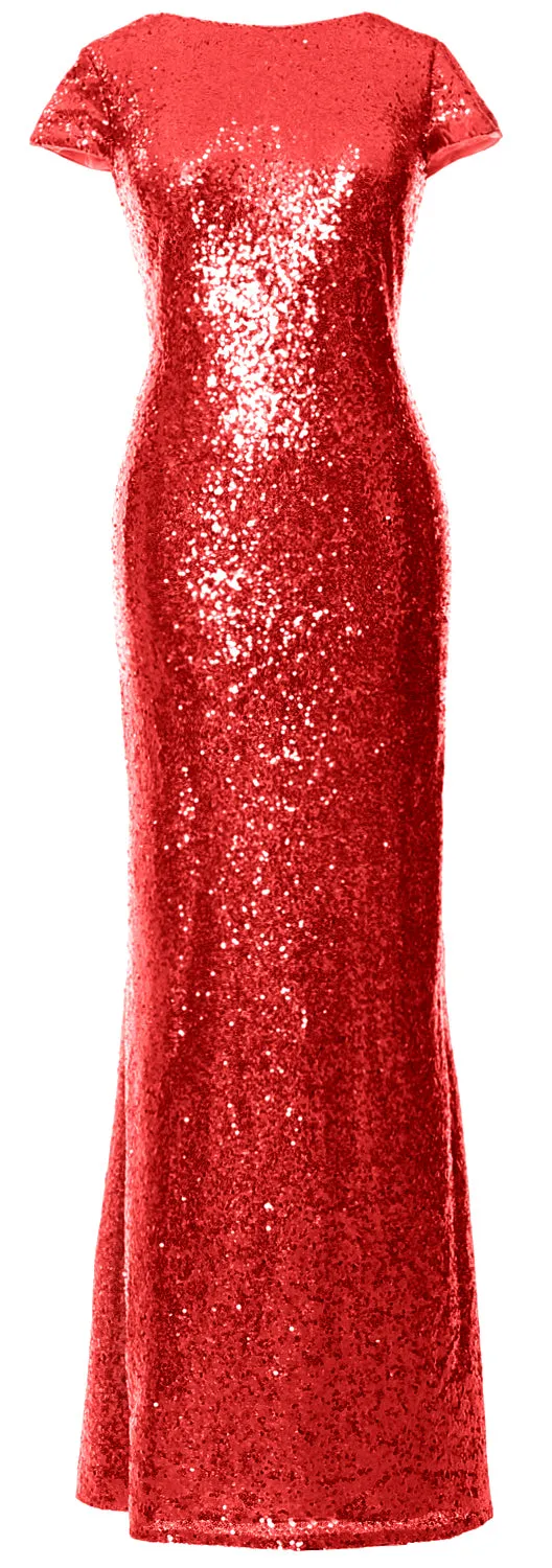 MACloth Women Maxi Sequin Bridesmaid Dresses Cap Sleeves Wedding Open Back