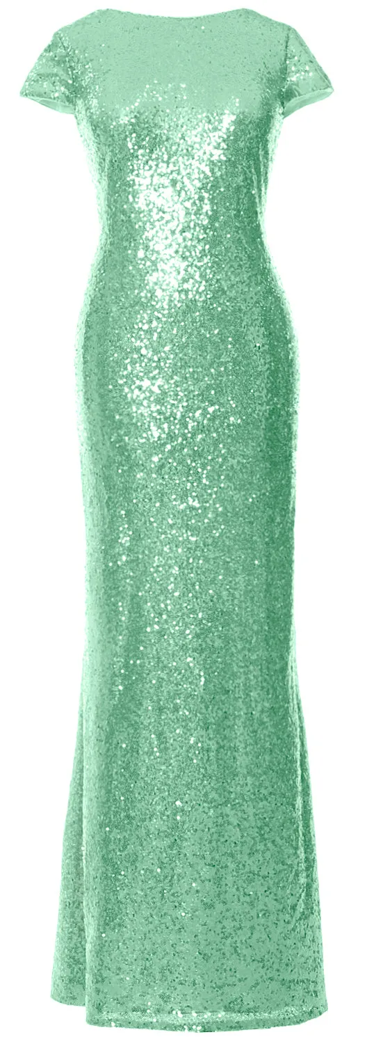 MACloth Women Maxi Sequin Bridesmaid Dresses Cap Sleeves Wedding Open Back