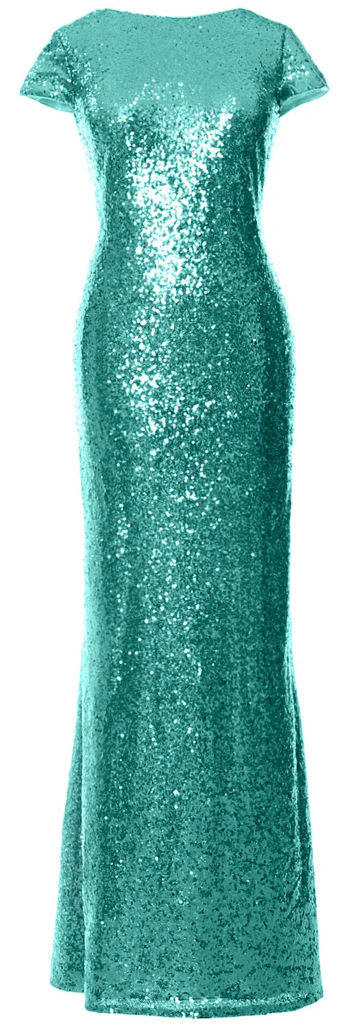 MACloth Women Maxi Sequin Bridesmaid Dresses Cap Sleeves Wedding Open Back