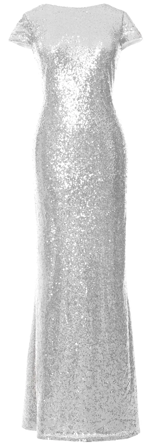 MACloth Women Maxi Sequin Bridesmaid Dresses Cap Sleeves Wedding Open Back