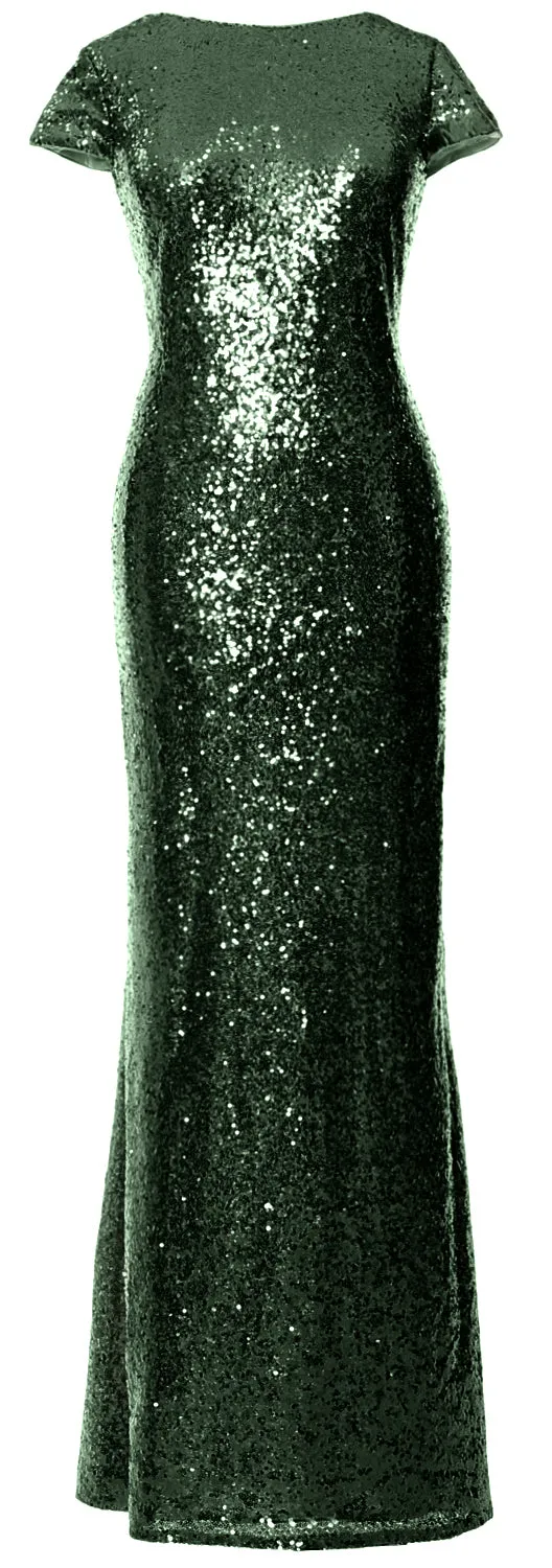 MACloth Women Maxi Sequin Bridesmaid Dresses Cap Sleeves Wedding Open Back