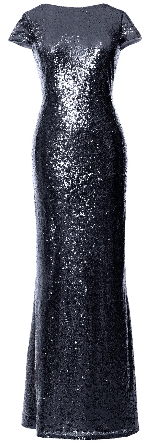 MACloth Women Maxi Sequin Bridesmaid Dresses Cap Sleeves Wedding Open Back