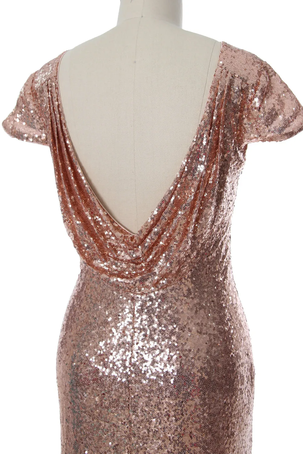 MACloth Women Maxi Sequin Bridesmaid Dresses Cap Sleeves Wedding Open Back