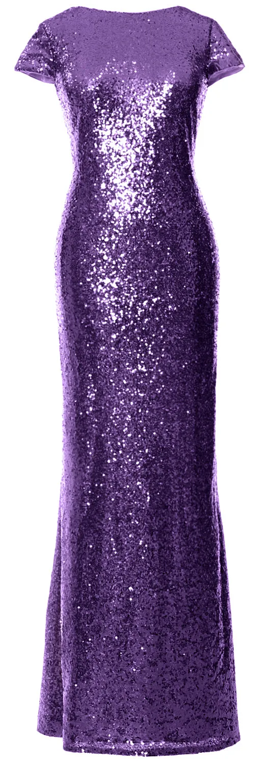 MACloth Women Maxi Sequin Bridesmaid Dresses Cap Sleeves Wedding Open Back