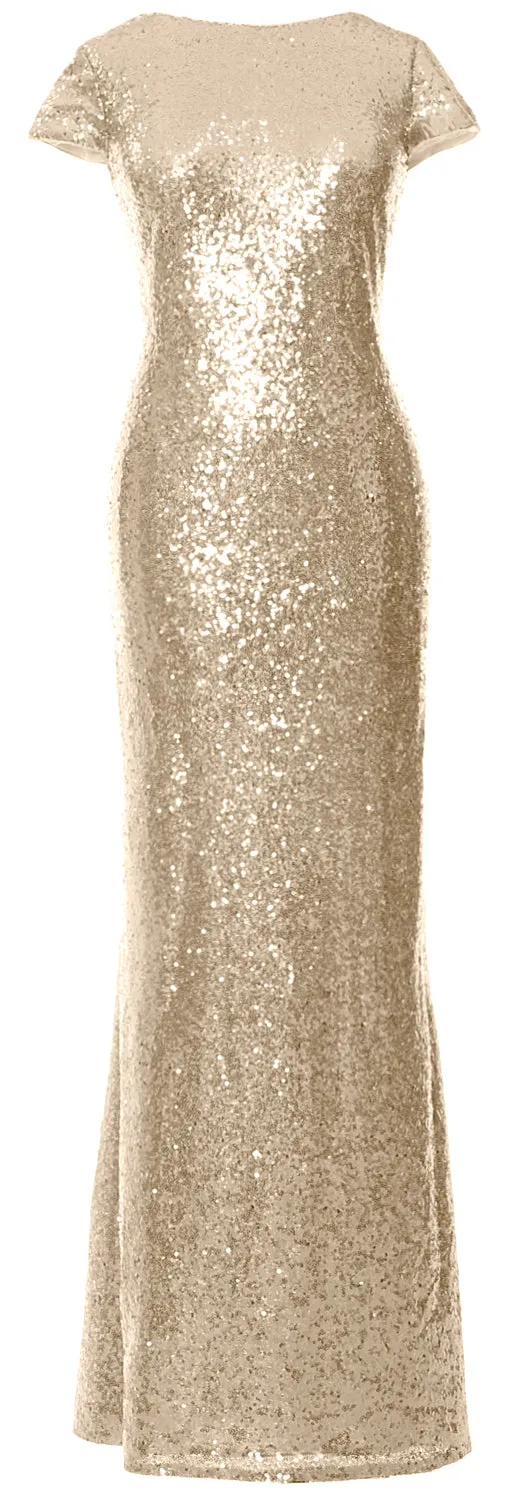 MACloth Women Maxi Sequin Bridesmaid Dresses Cap Sleeves Wedding Open Back