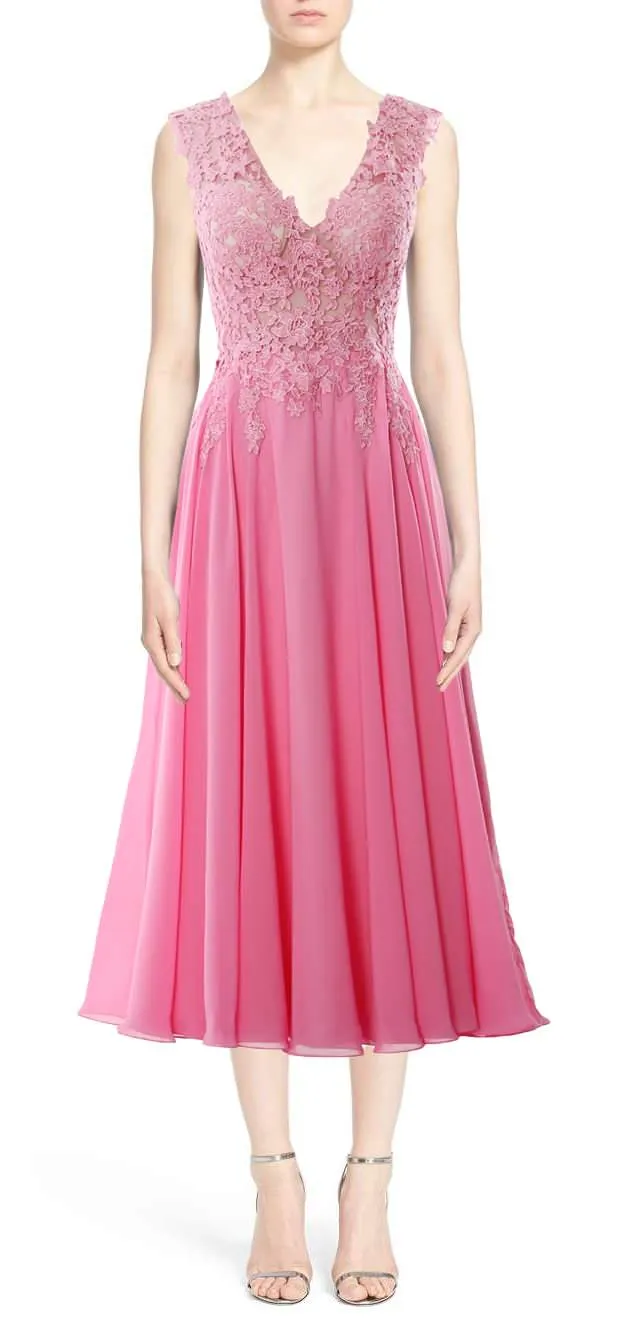 MACloth Women V Neck Lace Mother Bride Dresses Midi Tea Length Wedding Dinner